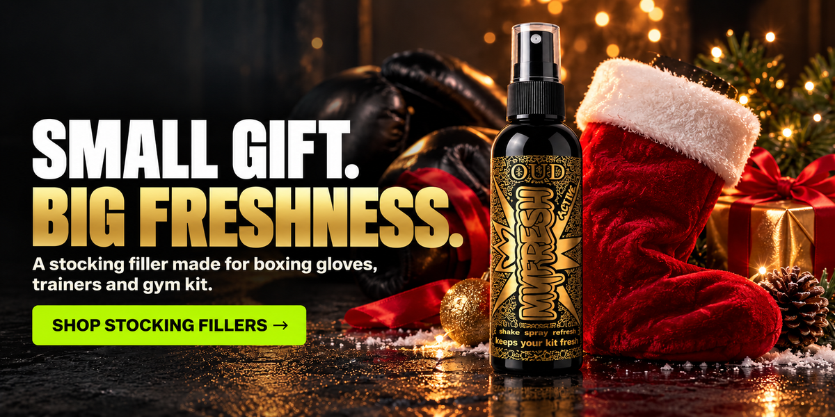 MyFresh Active boxing glove deodoriser sprays presented as Christmas gifts for boxers and sports enthusiasts.