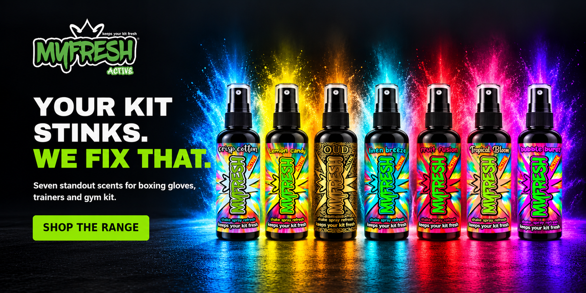 MyFresh Active boxing glove deodoriser and sports kit freshener sprays in seven unique fragrances.